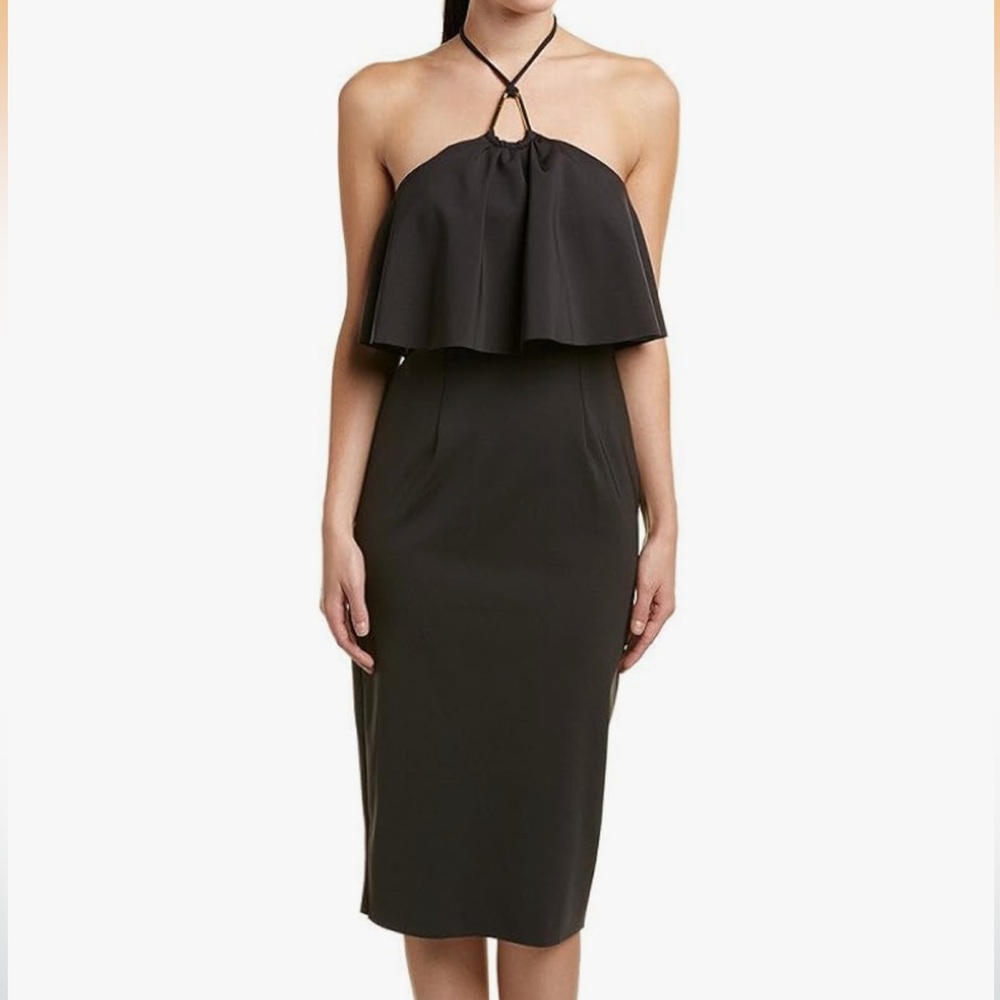 NWOT Trina Turk Soozy Black Halter Neck Midi Dress with Gold Accent (Sz 2-4)